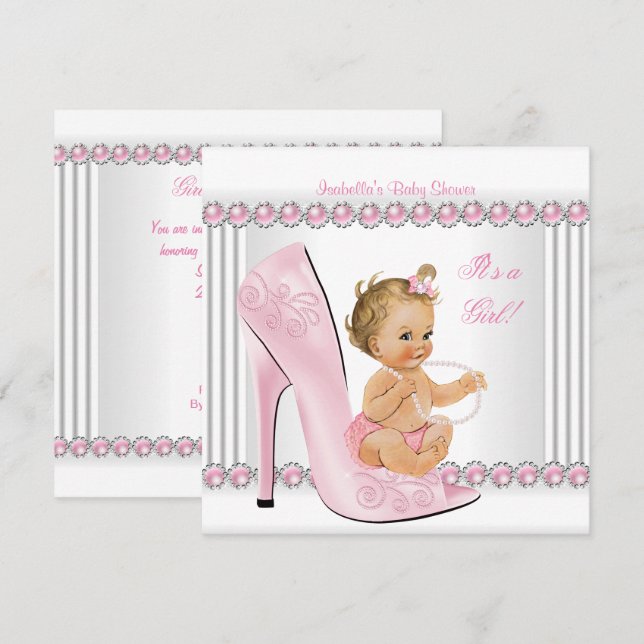 Invitation Fille de Fête de Bébé Blonde Chaussures à Talons H (Devant / Derrière)