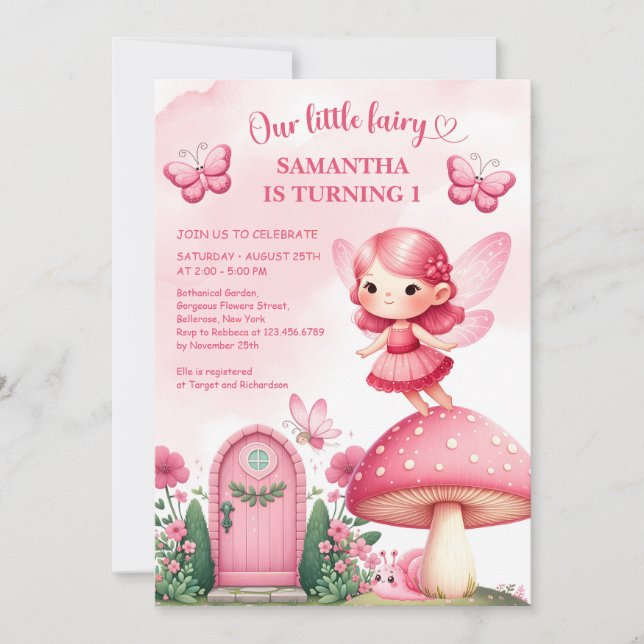 Invitation Fille de fête de jardin de fée rose chaud à l'aqua (Devant)