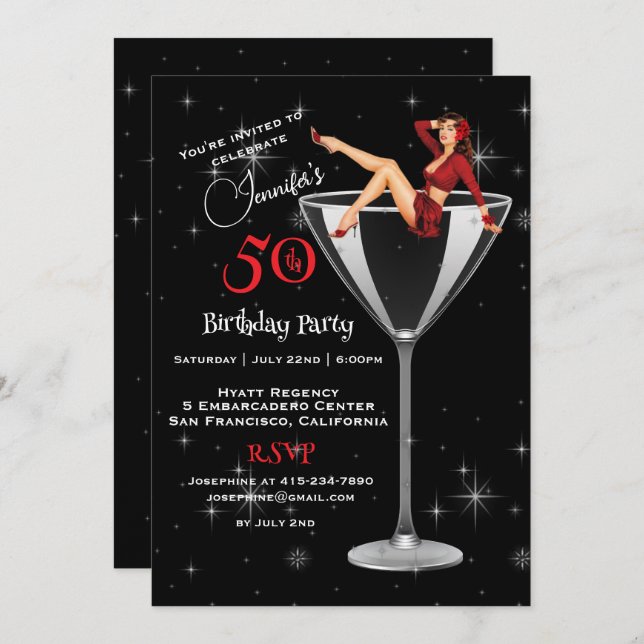 Invitation Fille de fête du 50e anniversaire en verre Martini (Devant / Derrière)