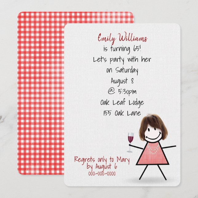 Invitation Fille de fête pour 65e anniversaire avec du vin (Devant / Derrière)