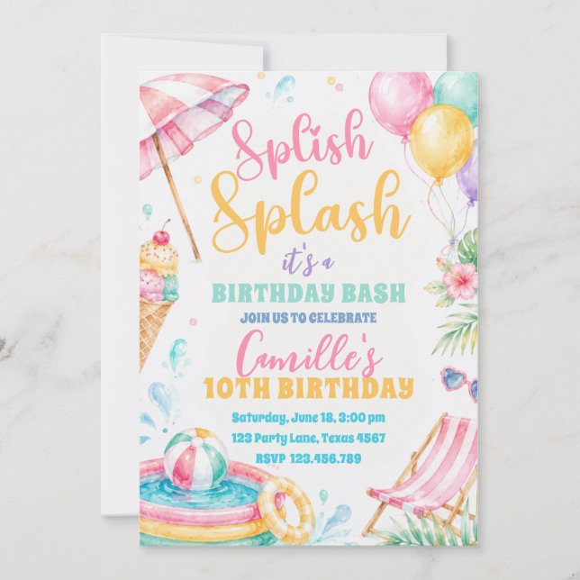 Invitation Fille de fêtes d'été Splish Splash Anniversaire  (Devant)