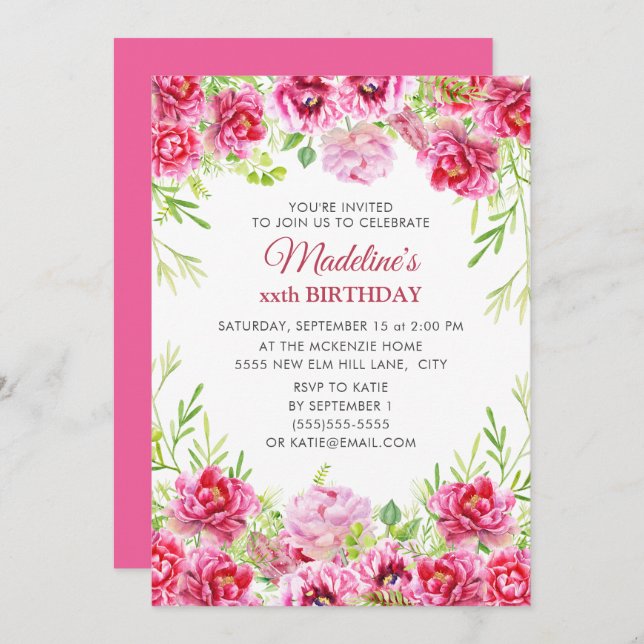 Invitation Fille de Fille rose florale fête d'anniversaire (Devant / Derrière)