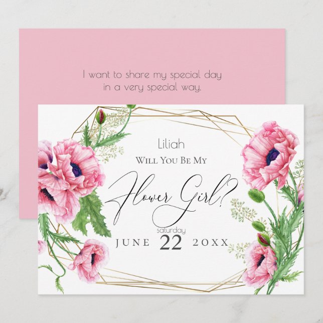 Invitation Fille de fleurs | Coquelicots aquarelle rose (Devant / Derrière)