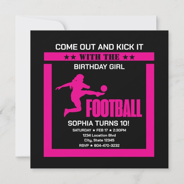 Invitation Fille de footballeuse rose, fille d'anniversaire d (Devant)