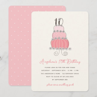 Invitation Fille de gâteau rose 10e fête d'anniversaire de la