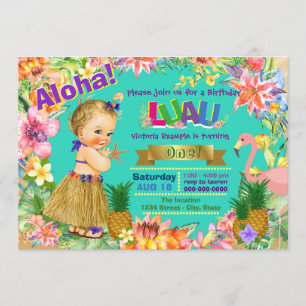 Invitation Fille de Hula Flamant Rose Luau Hawaïen Fête d'ann