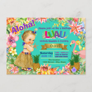 Invitation Fille de Hula Flamant Rose Luau Hawaïen Fête d'ann