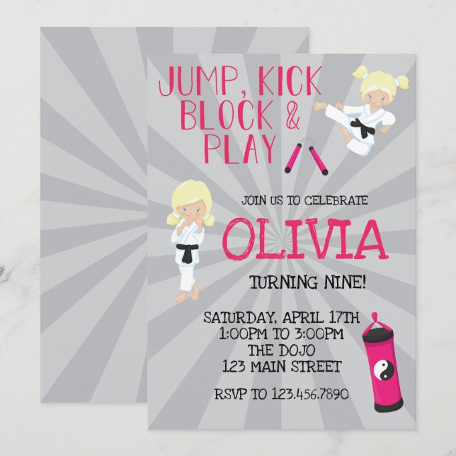 Invitation Fille de karaté Rose Anniversaire d'arts martiaux (Devant / Derrière)