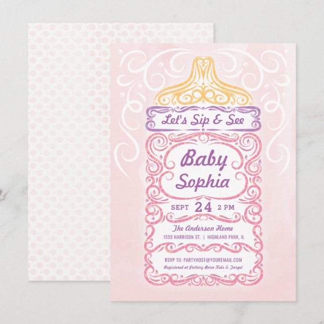 Invitation Fille de la bouteille de bébé Sip and See (Devant / Derrière)