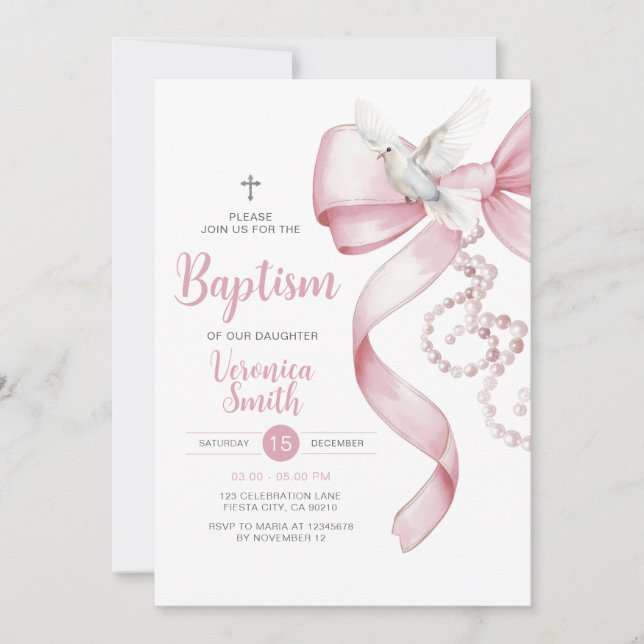 Invitation Fille de la colombe Baptême Arc rose Collier de pe (Devant)