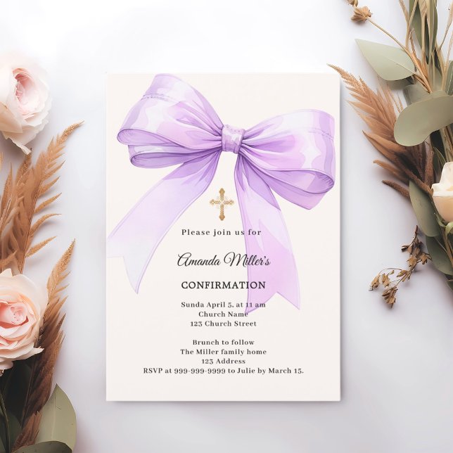 Invitation Fille de la crème d'arc lavande Confirmation (Créateur téléchargé)