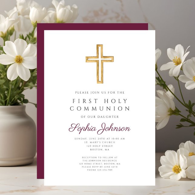 Invitation Fille de la Croix Religieuse de Bourgogne Première (Burgundy Religious Cross Girl First Holy Communion Invitation)