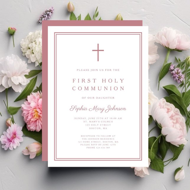 Invitation Fille de la Croix Rose Élégante Première Sainte Co (Elegant Pink Cross Girl First Holy Communion Invitation)