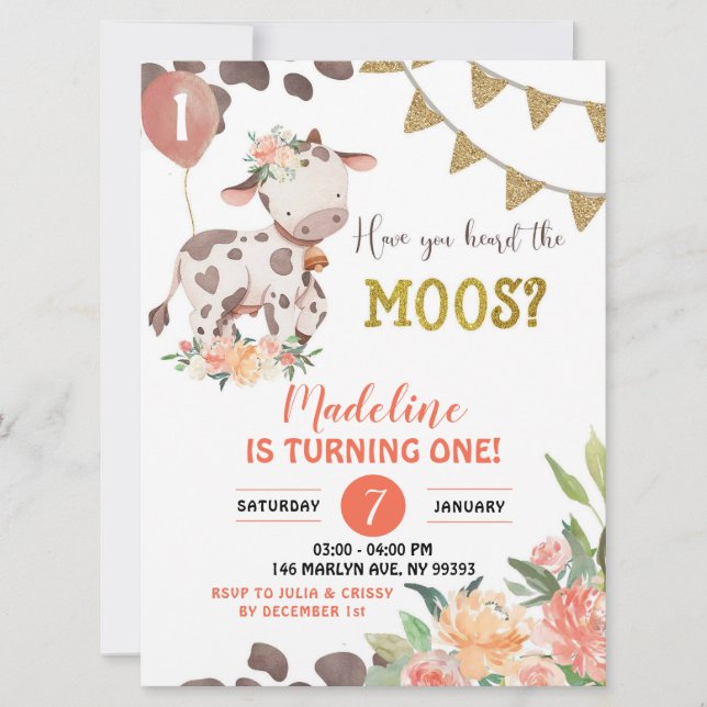 Invitation Fille de la ferme de vache Baby shower floral Invi (Devant)