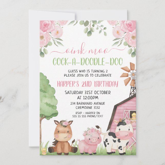 Invitation Fille de la ferme florale rose Anniversaire (Devant)