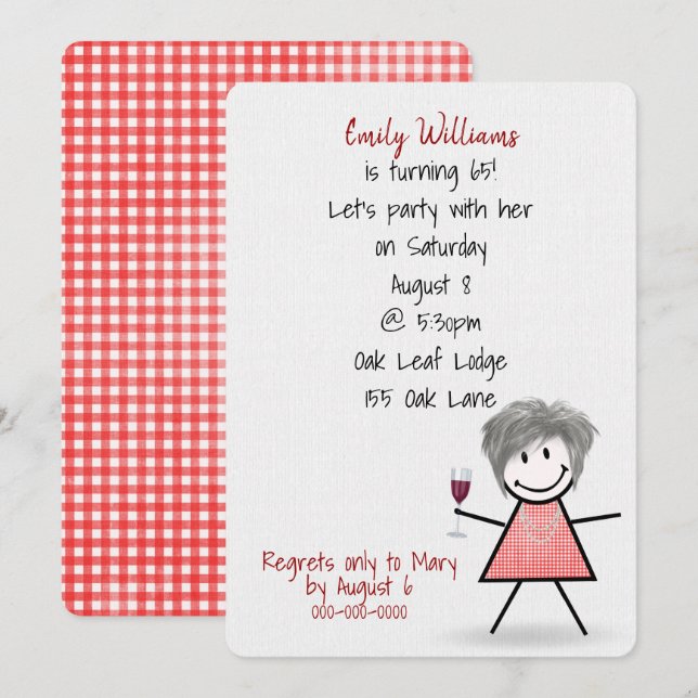 Invitation Fille de la fête d'anniversaire 65 ans avec du vin (Devant / Derrière)