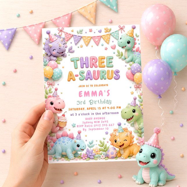 Invitation Fille de la fête d'anniversaire de 3 ans de dinosa (Créateur téléchargé)