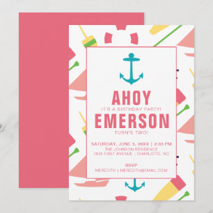 Invitation Fille de la fête d'anniversaire de Preppy Nautical