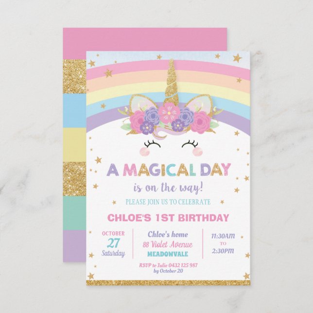 Invitation Fille de la fête d'anniversaire de Rainbow Unicorn (Devant / Derrière)