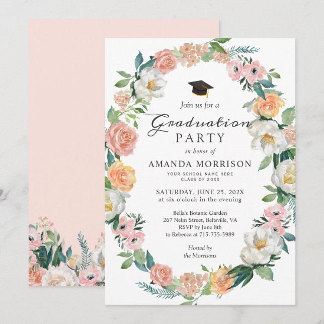 Invitation Fille de la Fête de la Diplôme Rose de classe Flor (Devant / Derrière)