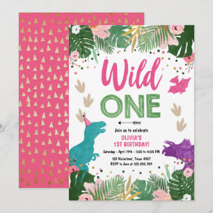 Invitation Fille de la fête des Dinosaures roses de Wild One