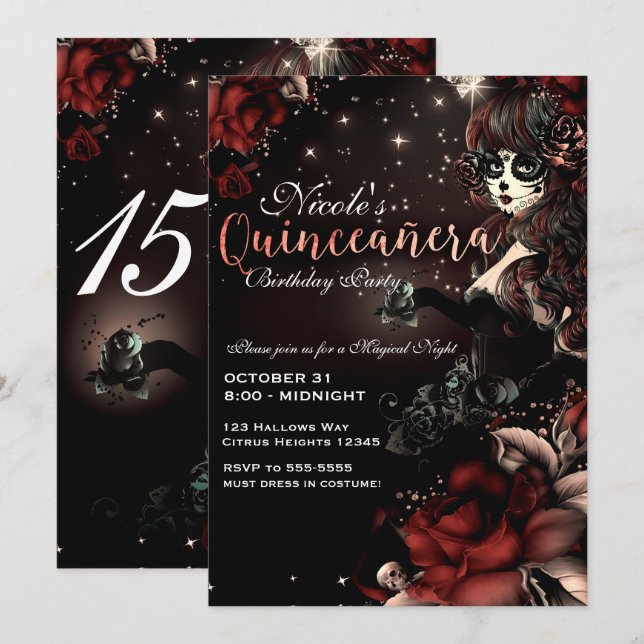 Invitation Fille de la Fête des Morts Rouge Noir Quinceañera  (Devant / Derrière)