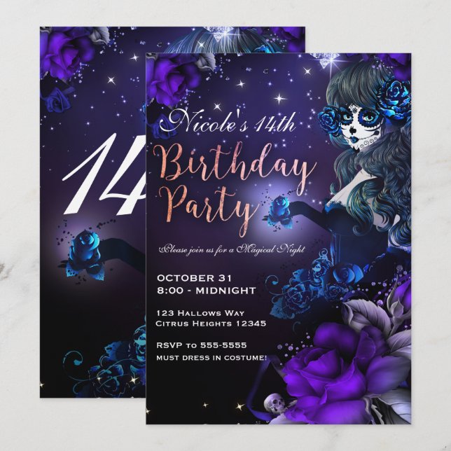 Invitation Fille de la Fête des Morts Violet Bleu Anniversair (Devant / Derrière)