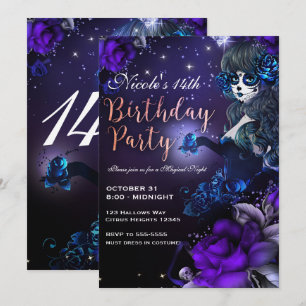 Invitation Fille de la Fête des Morts Violet Bleu Fête d'anni