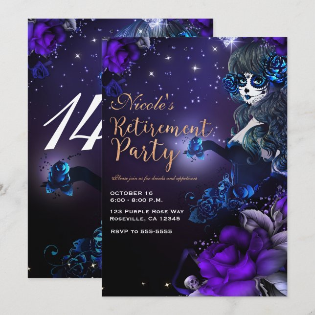 Invitation Fille de la Fête des Morts Violet Bleu Fête de Ret (Devant / Derrière)