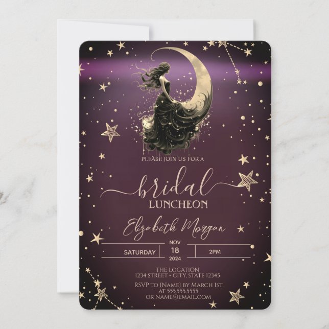 Invitation Fille de la Lune Céleste Étoiles Déjeuner Bourgogn (Devant)