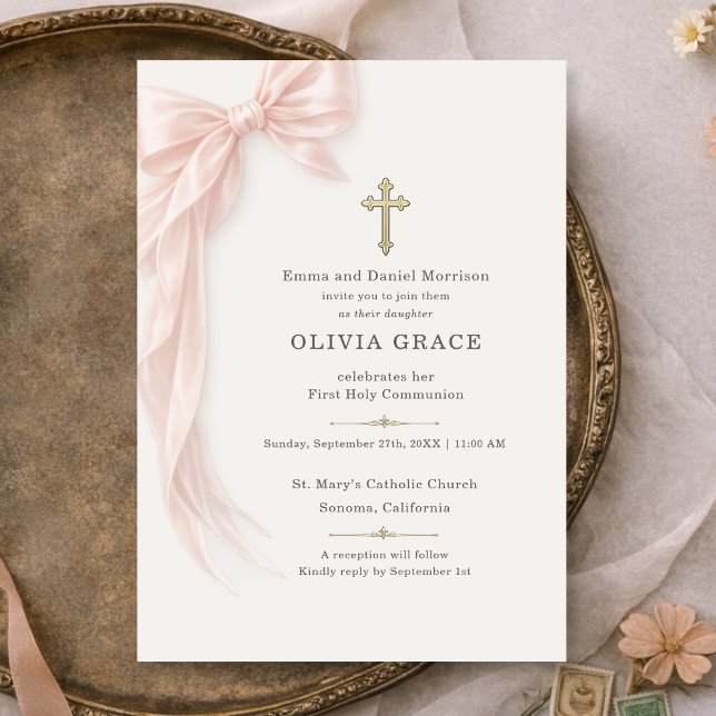 Invitation Fille de la première communion au ruban rose (Créateur téléchargé)