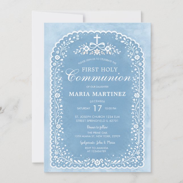 Invitation Fille de la première communion Dusty Blue Papel Pi (Devant)