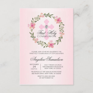Invitation FILLE de la Première Communion Rose de la couronne