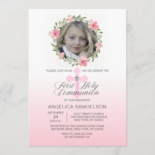 Invitation FILLE de la Première Communion Rose de la couronne