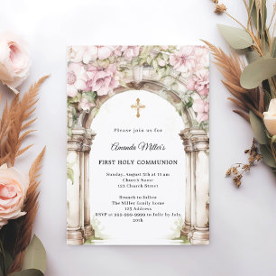 Invitation Fille de la première communion sous une arche de f