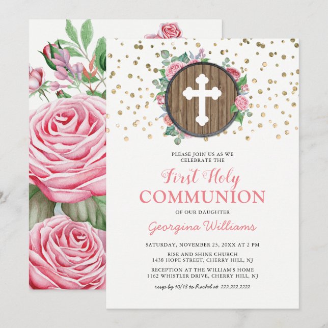 Invitation Fille de la Première Sainte Communion Croix Religi (Devant / Derrière)