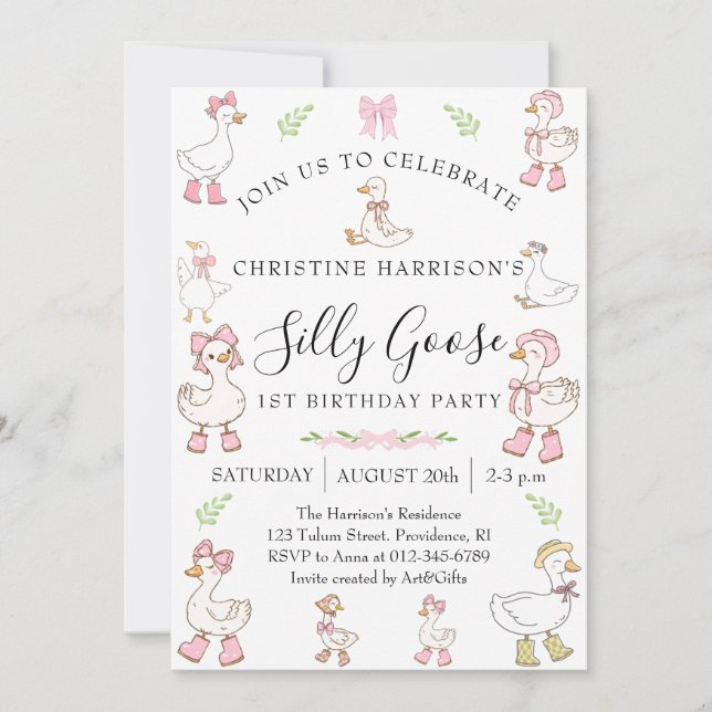 Invitation Fille de l'oie idiote 1er anniversaire (Devant)