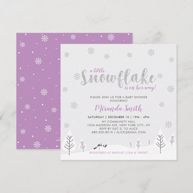 Invitation Fille de Noël Baby Shower Argent et Violet (Devant / Derrière)