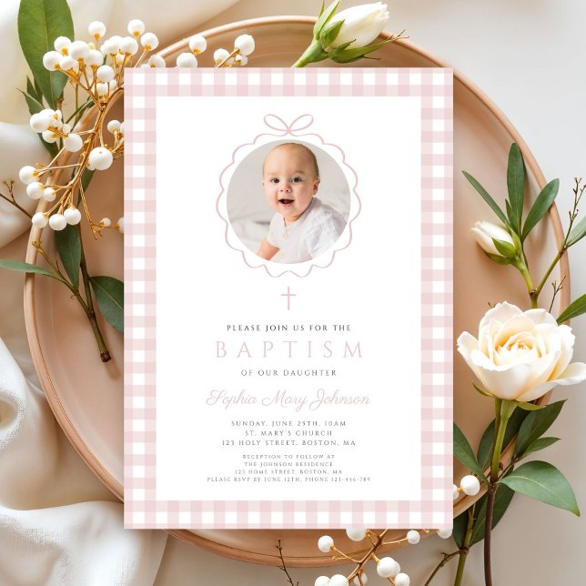 Invitation Fille de photo d'arc élégant rose pâle Baptême (Elegant Blush Pink Bow Photo Girl Baptism Invitation)