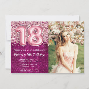 Invitation Fille de photo Magenta Rose Pailleté 18e Anniversa