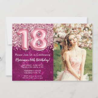 Invitation Fille de photo Magenta Rose Pailleté 18e Anniversa