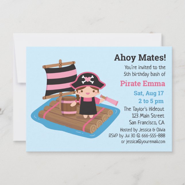 Invitation Fille de pirate mignonne bateau radeau fête d'anni (Devant)