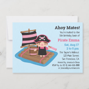 Invitation Fille de pirate mignonne bateau radeau fête d'anni