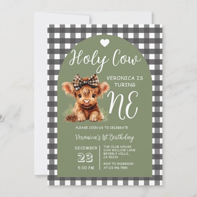 Invitation Fille de premier anniversaire de vache des Highlan (Devant)