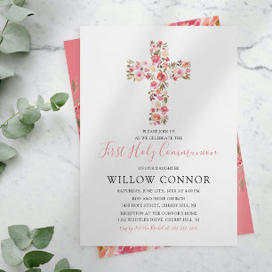 Invitation Fille de première communion Fleur rose Croix