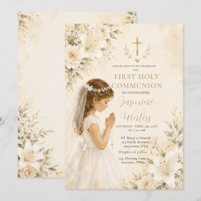 Invitation Fille de première communion florale (Devant / Derrière)