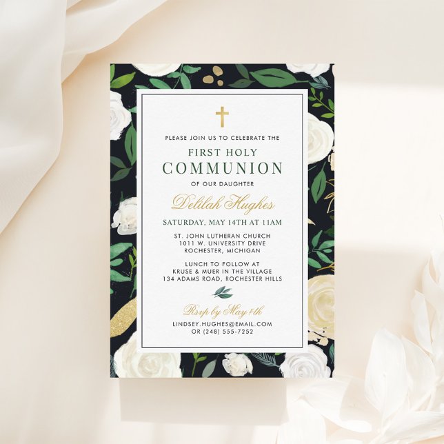 Invitation Fille de première communion florale verte noire et (Créateur téléchargé)