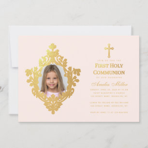 Invitation Fille de première communion Photo Elégant Rose Pou