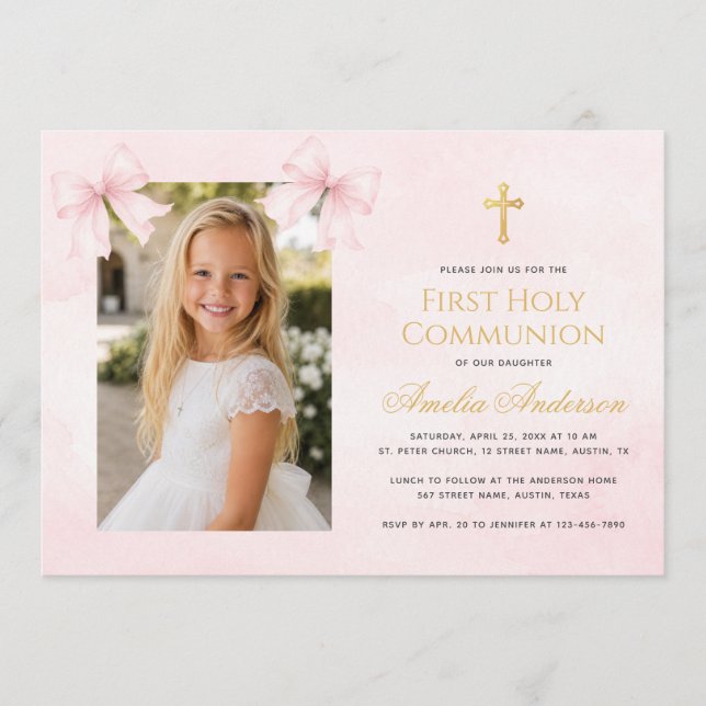 Invitation Fille de première communion photo rubans roses cro (Devant)