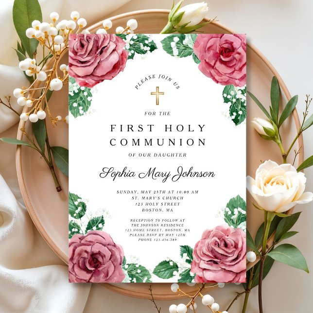 Invitation Fille de première communion religieuse florale élé (Elegant Floral Religious Girl First Communion Invitation)